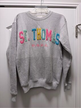 Gray 'ST. THOMAS' Crewneck Sweatshirt with Pastel Chenille Letters